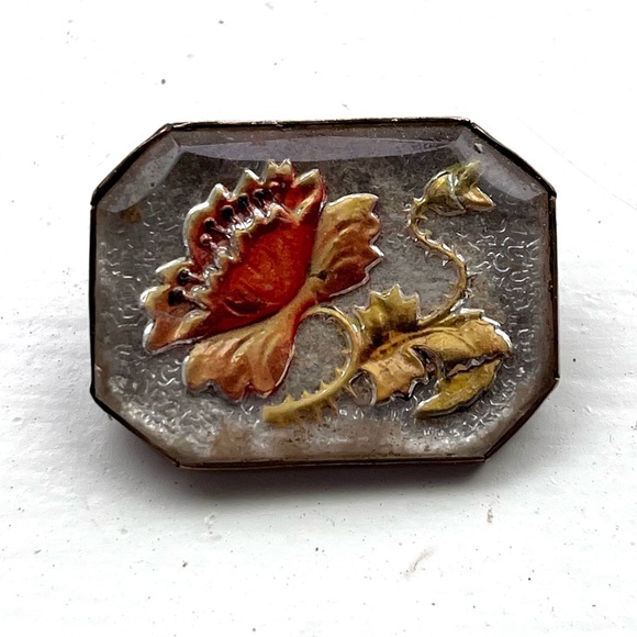 Antique Goofus Glass Intaglio Foral Pin - Picture 8 of 11